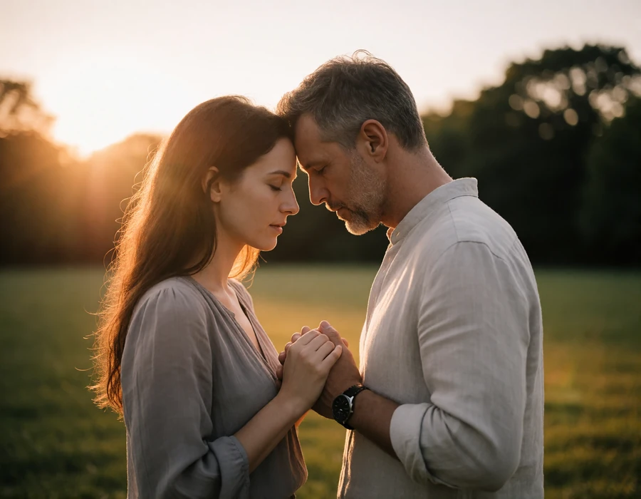 Couple in their forties standing forehead to forehead at sunset in an open park holding hands