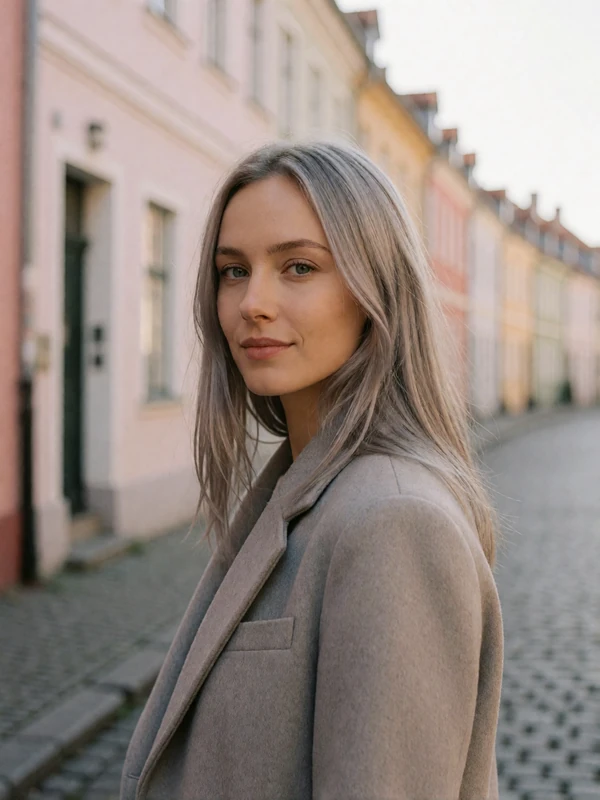 Czech woman with ash-blonde hair in a grey tailored coat on a quiet European cobblestone street