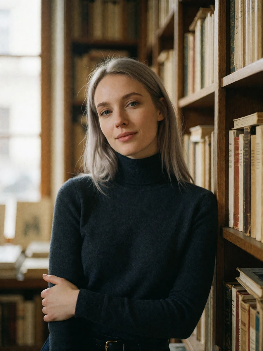 Poised Czech woman with ash-blonde hair standing among wooden shelves in a quiet antiquarian bookshop