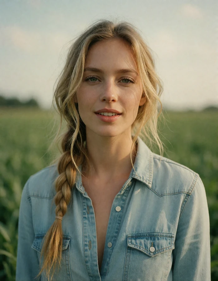 Polish woman with a loose blonde braid smiling gently in open countryside wearing a denim shirt