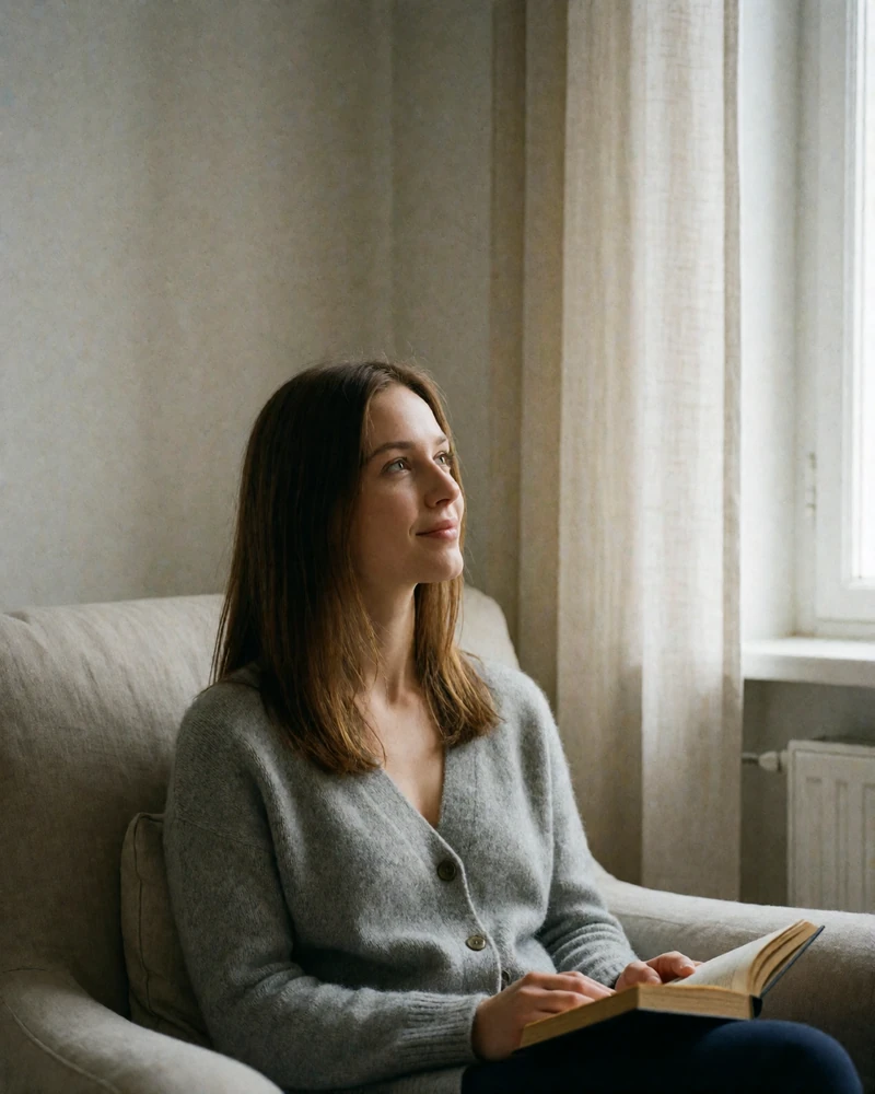 Slovak woman in a grey cardigan seated by a window with a book, smiling gently