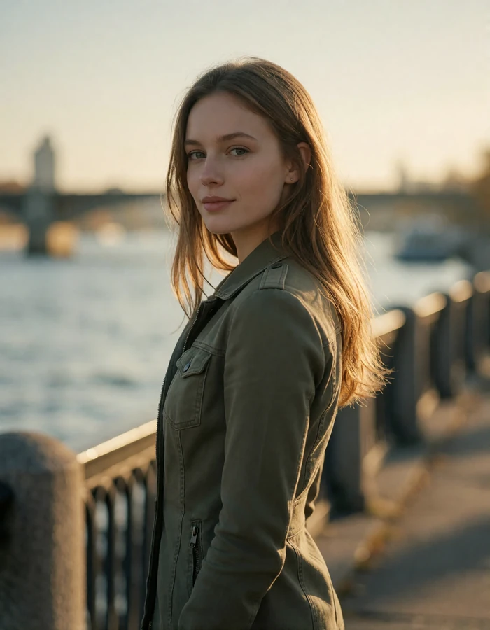 Light-brown-haired Ukrainian woman in an olive jacket on a riverside promenade at sunset