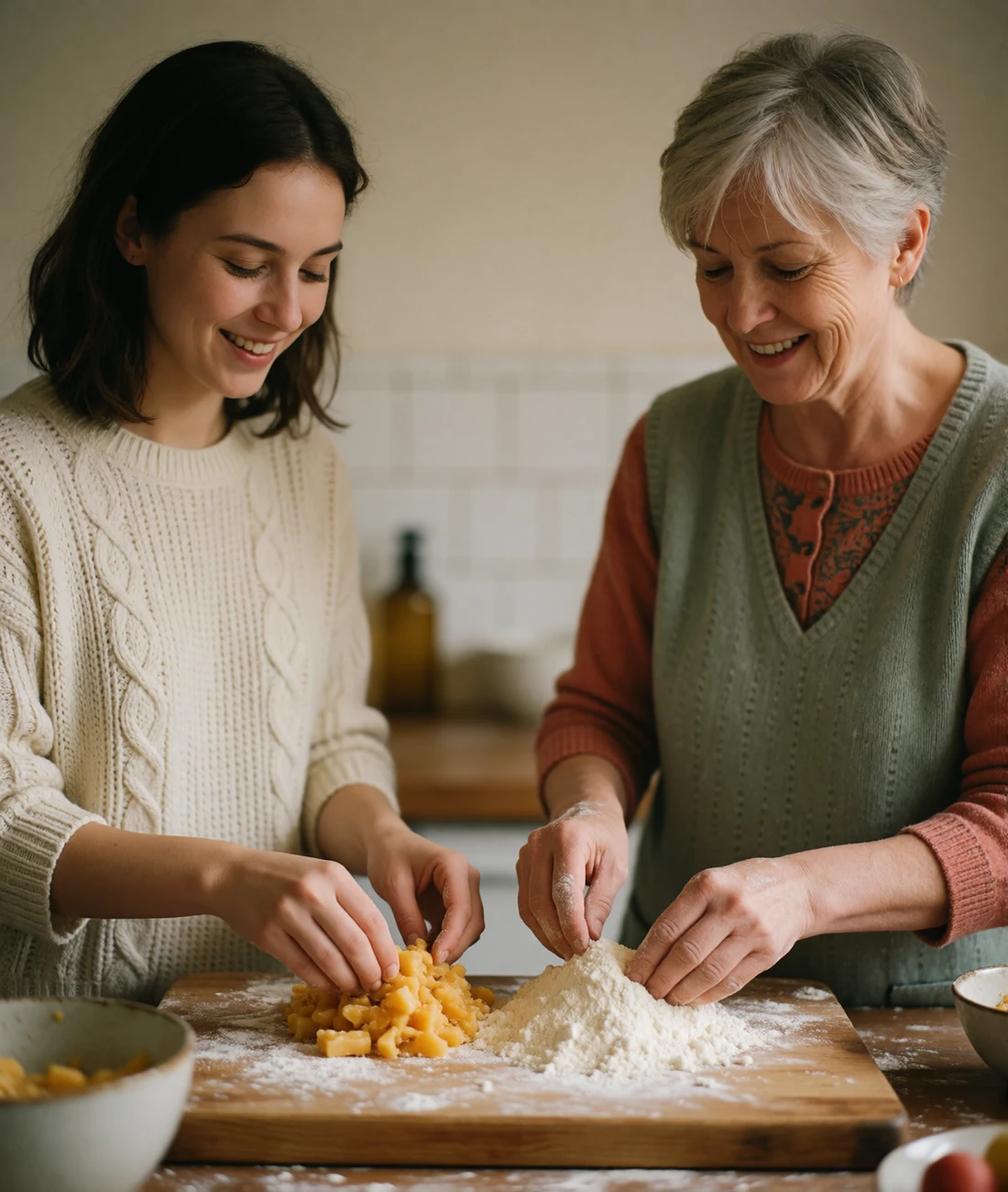 Young woman and an older woman preparing food together at a kitchen counter before a family celebration