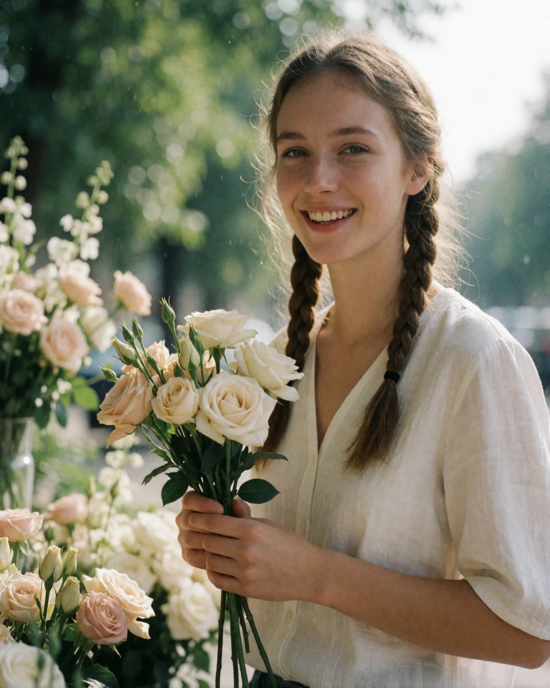 Slovak woman with light brown braided hair holding pale flowers at an outdoor market stall