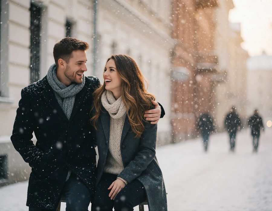 International couple laughing together while walking arm in arm along a snowy city street