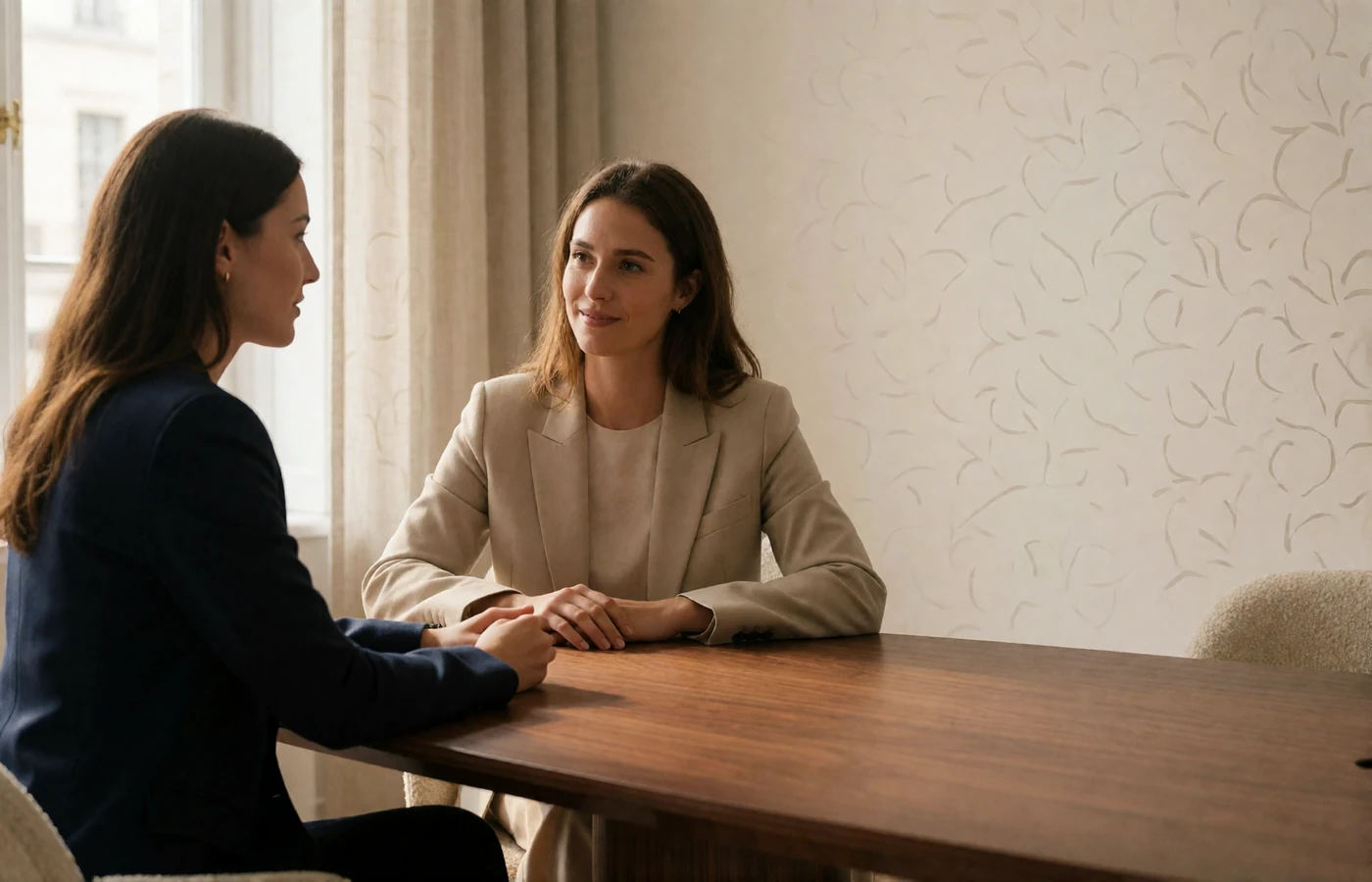 Two professional matchmaking consultants in tailored blazers discussing verification standards at a walnut office table