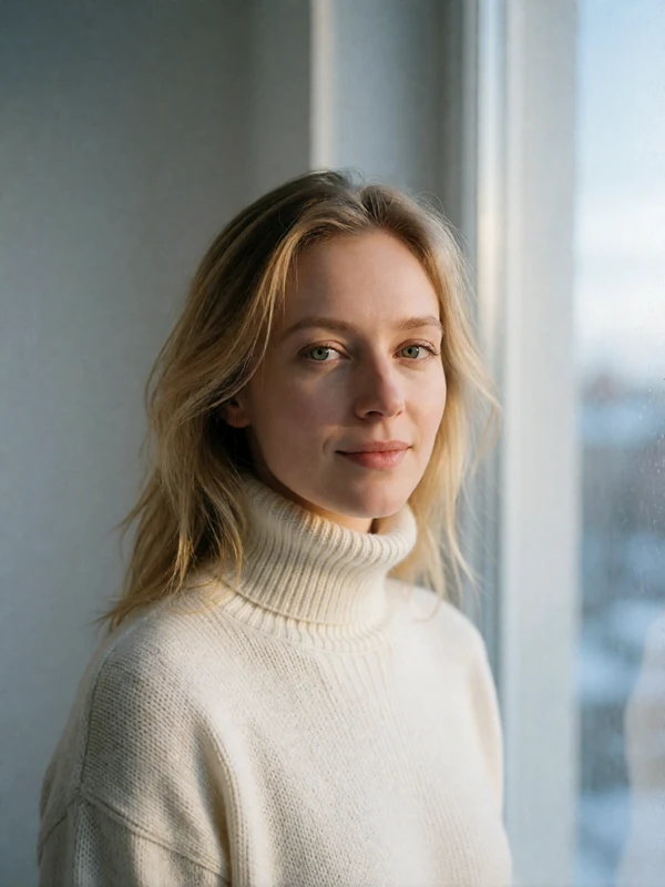 Belarusian woman with light blonde hair in an ivory turtleneck standing near a bright apartment window