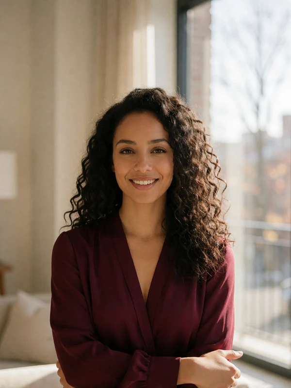 Romanian woman with long dark curly hair in a burgundy blouse in a bright modern apartment