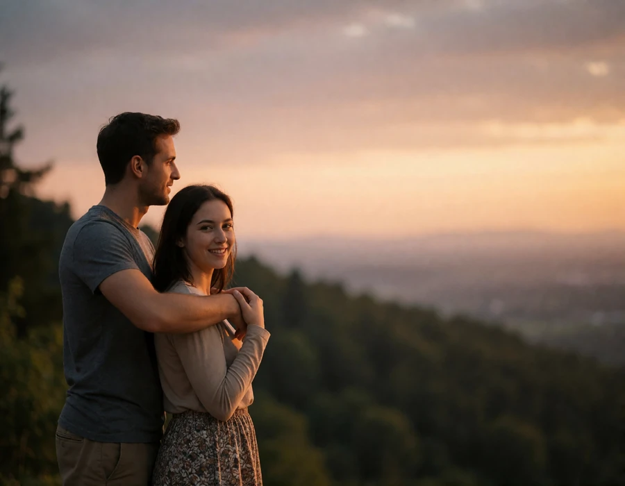 International couple standing at a mountain overlook at sunset with the man's arm around the woman's shoulders