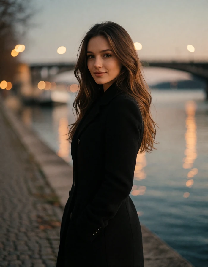 Polish woman with long wavy hair in a black coat standing on a riverside walkway at dusk
