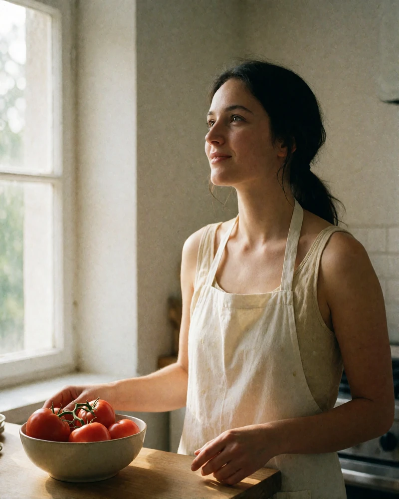 Warm Moldovan woman glancing up with a natural smile in a sunlit home kitchen