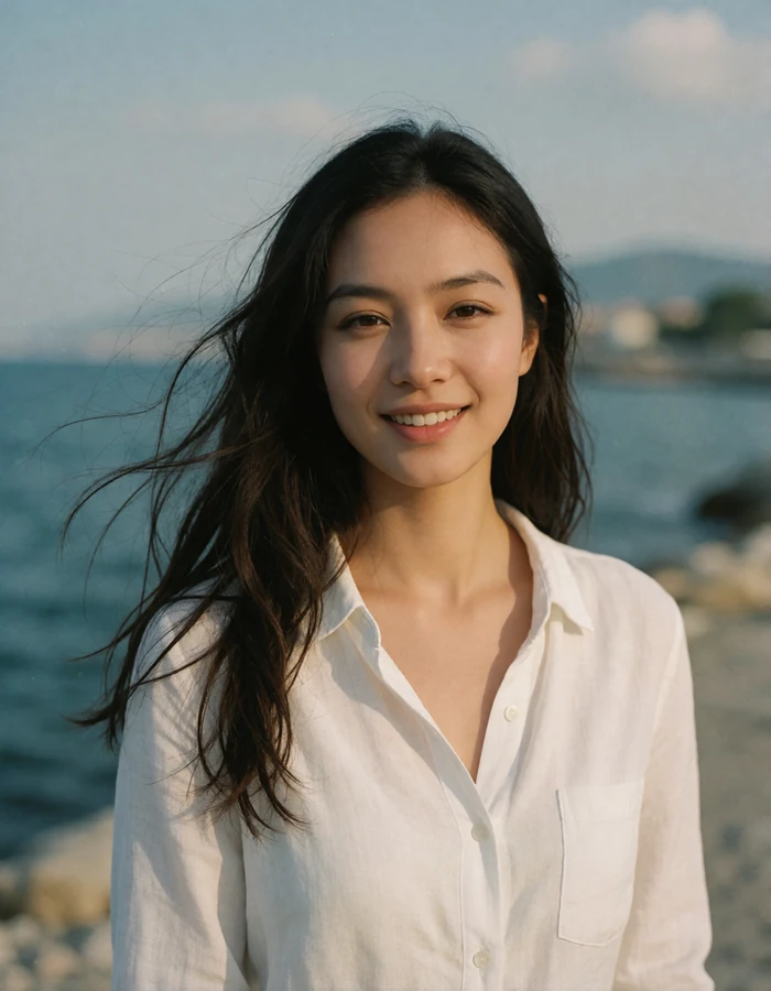 Dark-haired Bulgarian woman in a white linen shirt smiling on a sunny seaside promenade