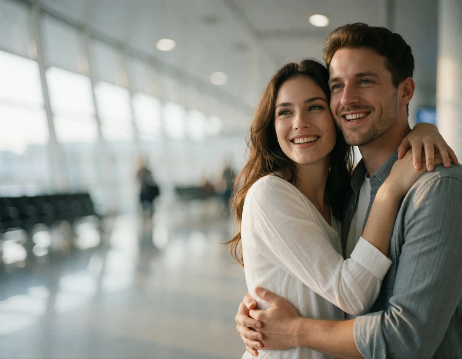 Couple embracing with visible relief and joy in a bright modern airport arrivals hall