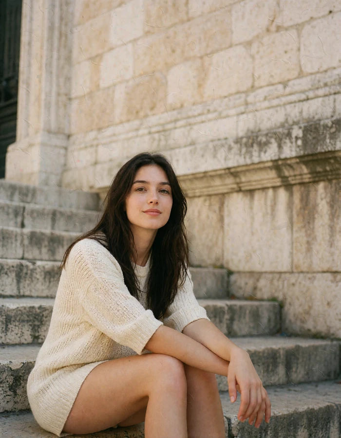 Dark-haired Romanian woman in a cream knit top sitting calmly on weathered stone steps