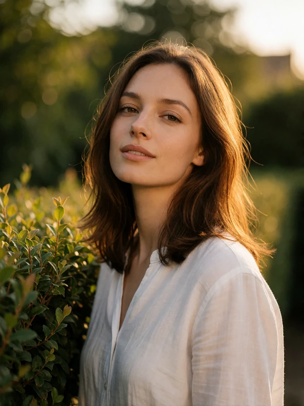 Bulgarian woman with chestnut hair in a white shirt standing outdoors in warm late-afternoon light