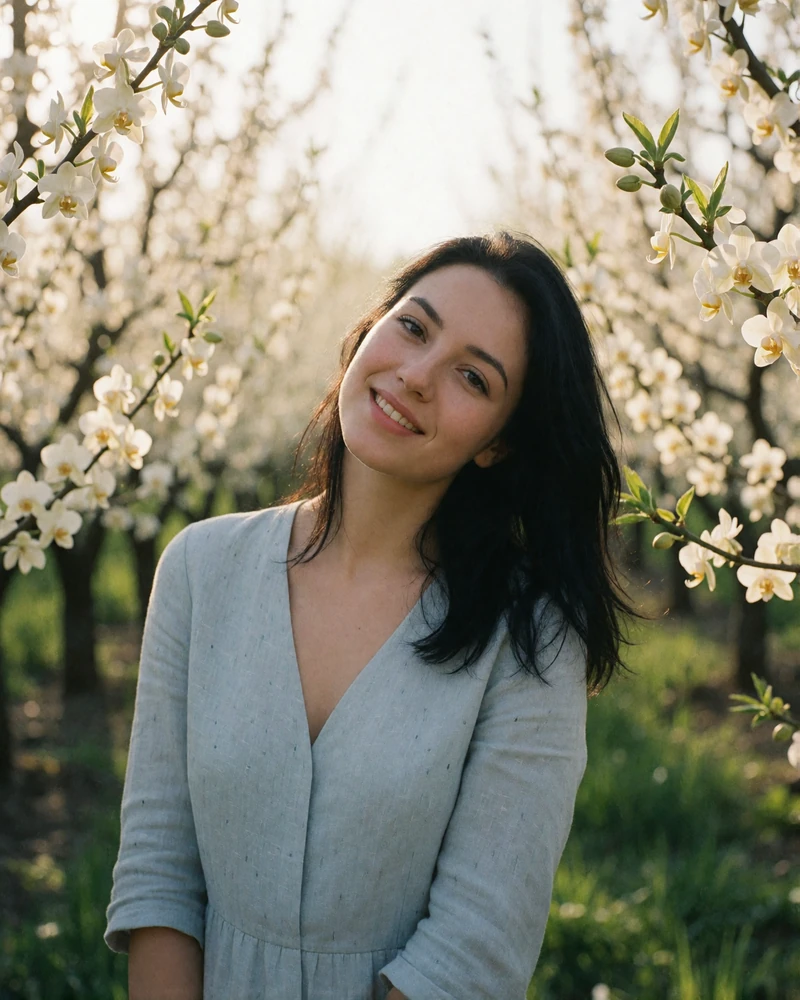 Bright Moldovan woman smiling among blossoming orchard trees in soft afternoon light