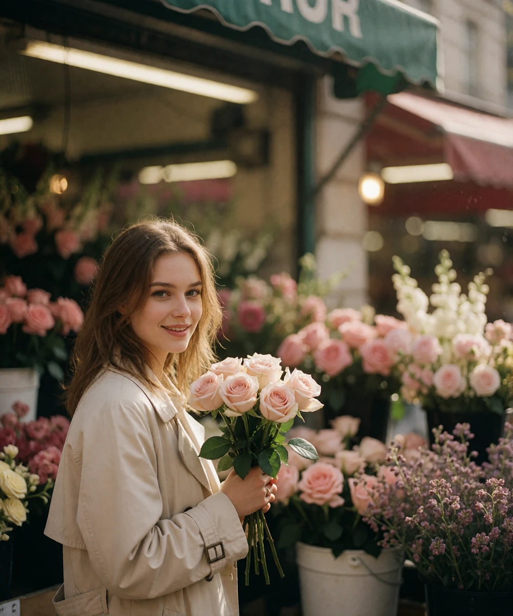Polish woman in a cream trench coat holding a small bouquet of pale roses at an outdoor flower market