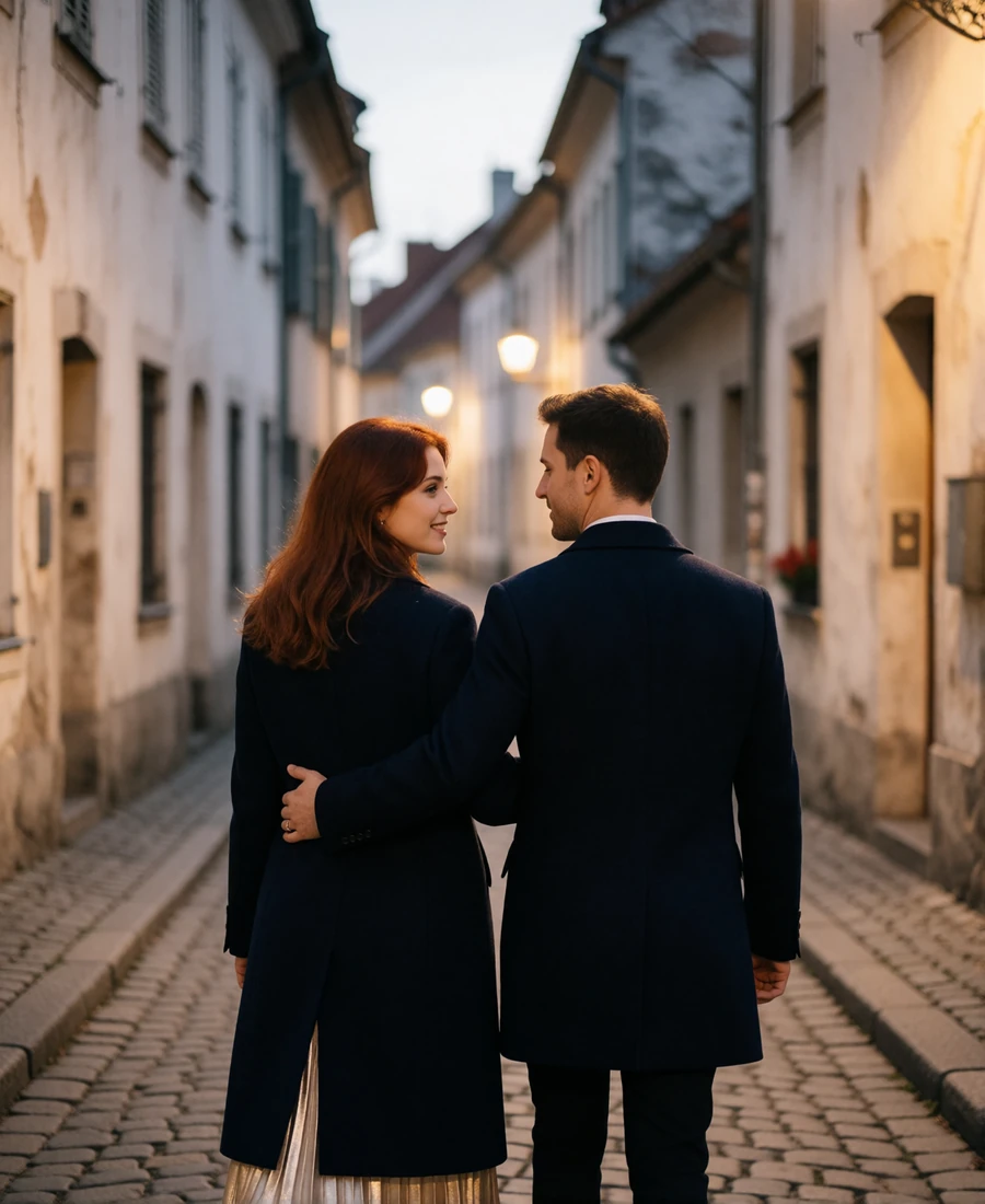 Couple walking arm in arm through a narrow old-town street at dusk, smiling at each other