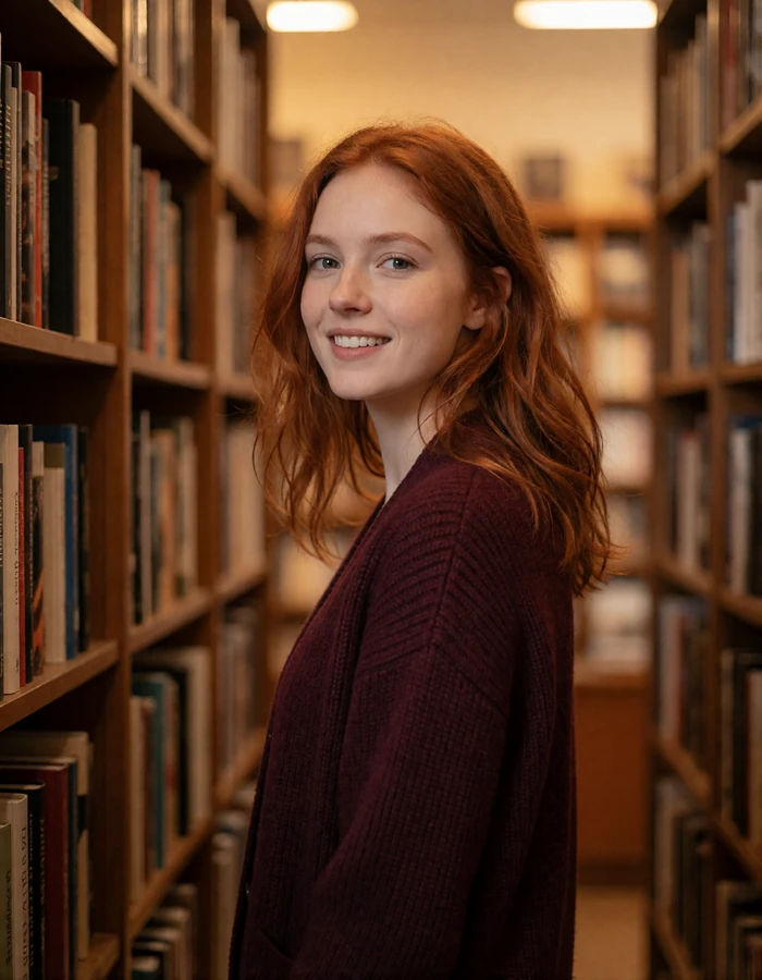 Copper-haired Russian woman smiling between bookshelves in a warm-toned bookstore