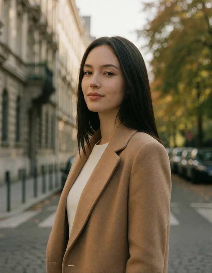 Dark-haired Ukrainian woman in a camel coat standing on a quiet historic city street
