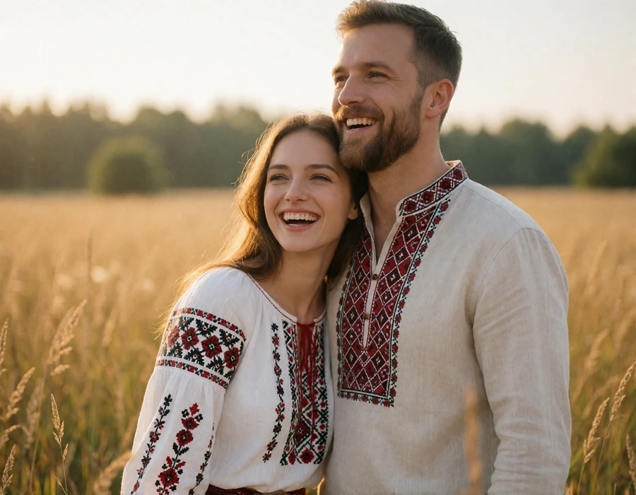 Laughing couple in embroidered folk clothing standing close together in an open sunlit meadow