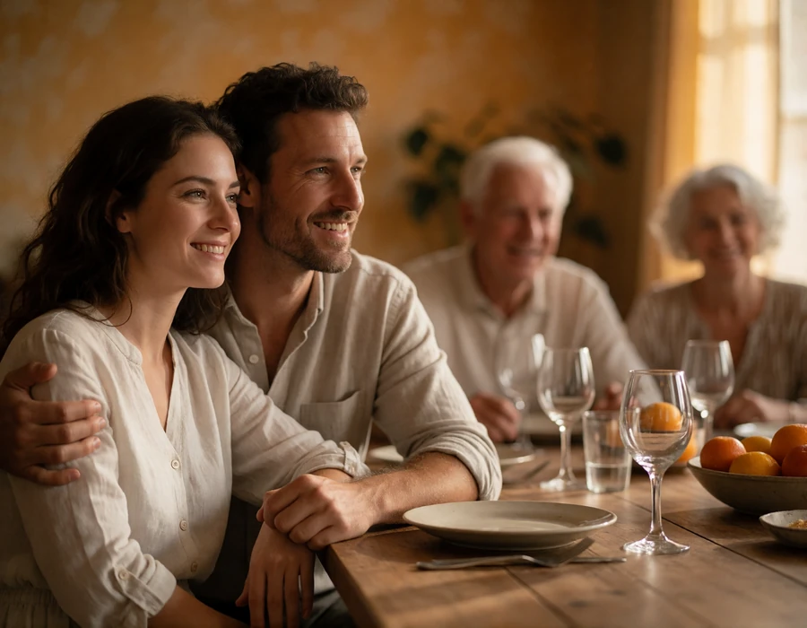 Couple sitting together at a family dining table with older relatives visible nearby, smiling warmly