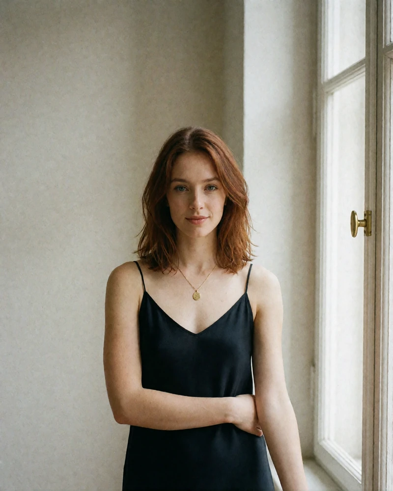 Stylish Czech woman with auburn hair in a black slip dress smiling in a bright minimalist apartment