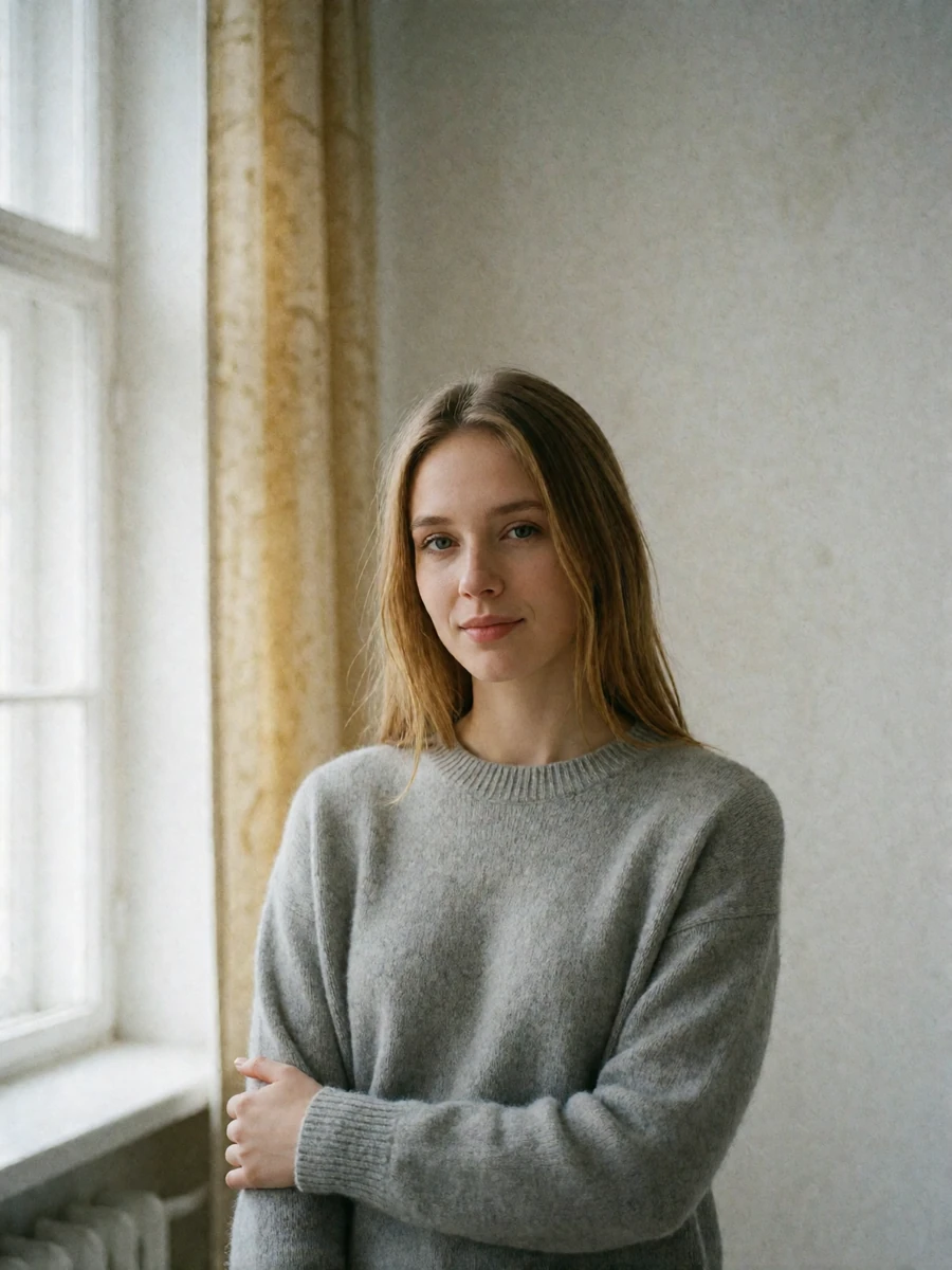 Thoughtful Belarusian woman with fair hair standing beside a tall studio window, offering a sincere smile