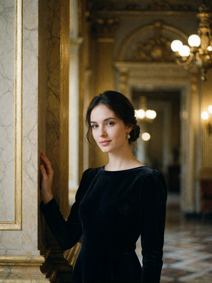 Elegant Hungarian woman in a black velvet dress standing beside a marble column in a grand neoclassical foyer