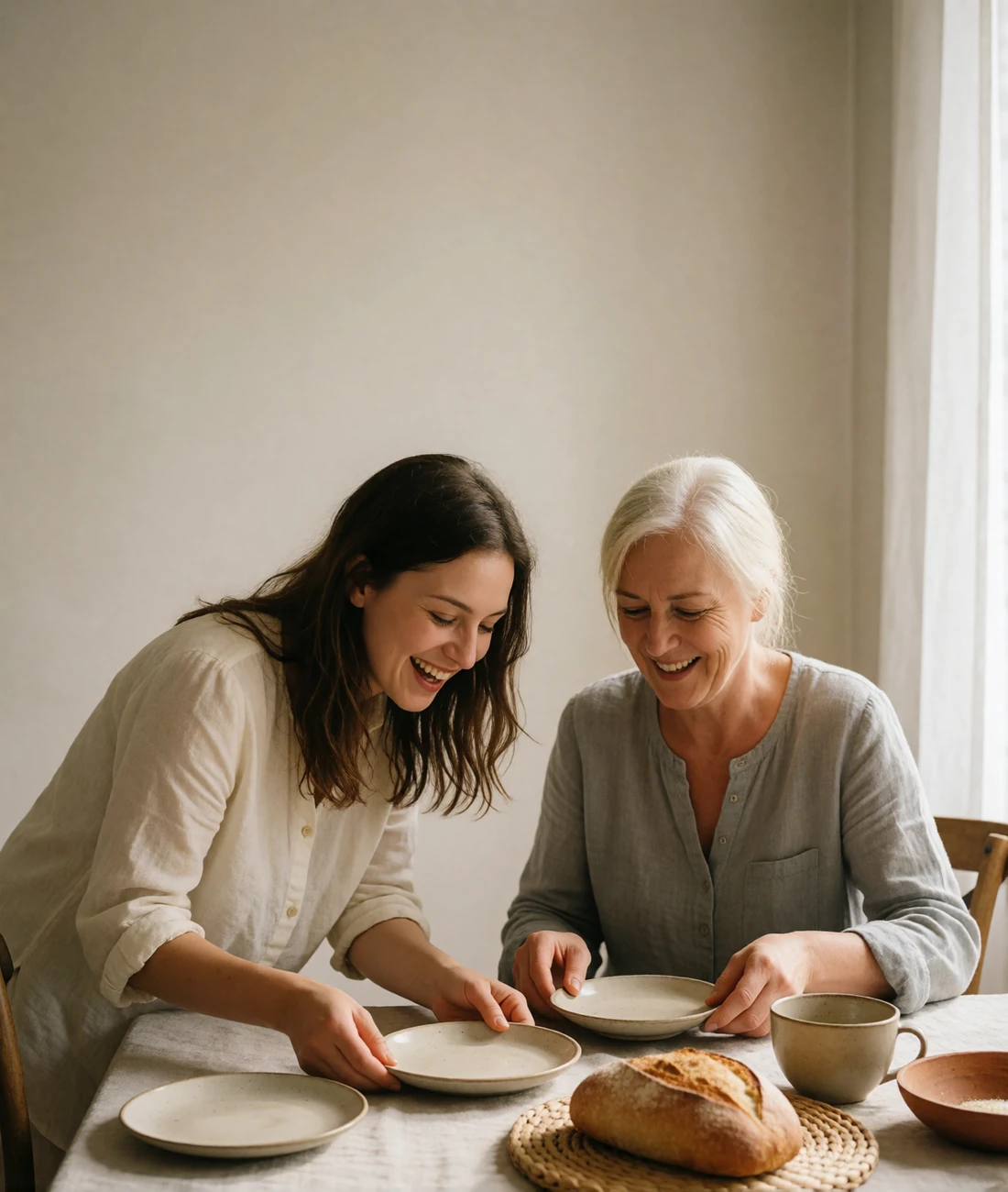 Young woman laughing beside an older woman as they set plates and bread on a linen tablecloth in a bright European home