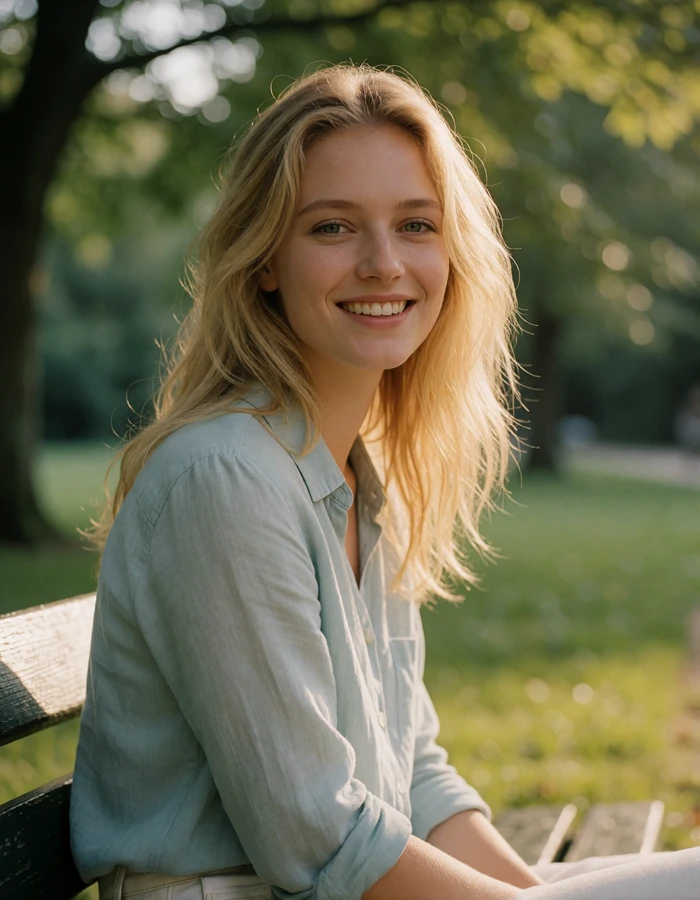 Blonde Ukrainian woman in a pale blue linen shirt smiling naturally on a green park bench