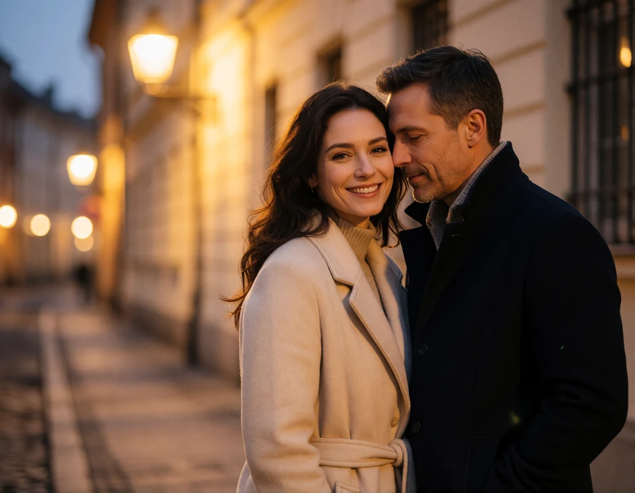 Couple standing cheek to cheek on a quiet European street at dusk with warm streetlamp light behind them