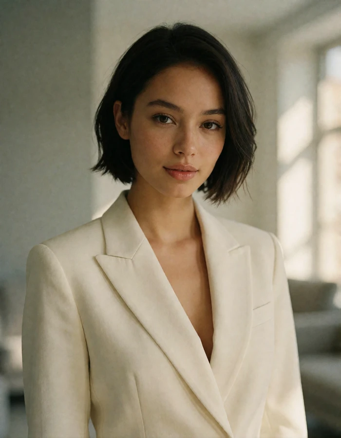 Polish woman with a short dark crop in a tailored ivory blazer in a modern interior