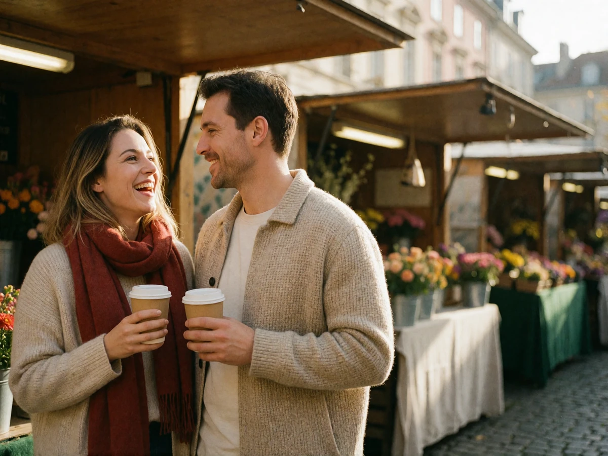 Couple laughing together at an open-air European market stall while sharing coffee