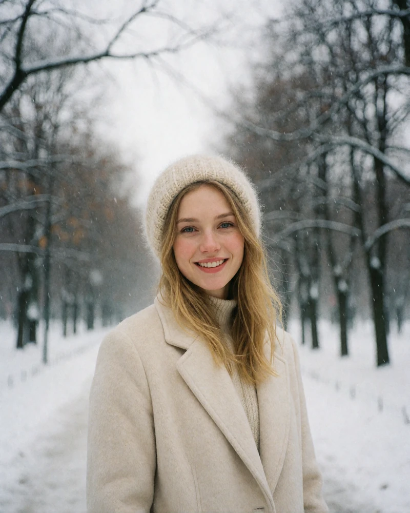 Belarusian woman in a cream wool coat smiling on a snow-dusted park path