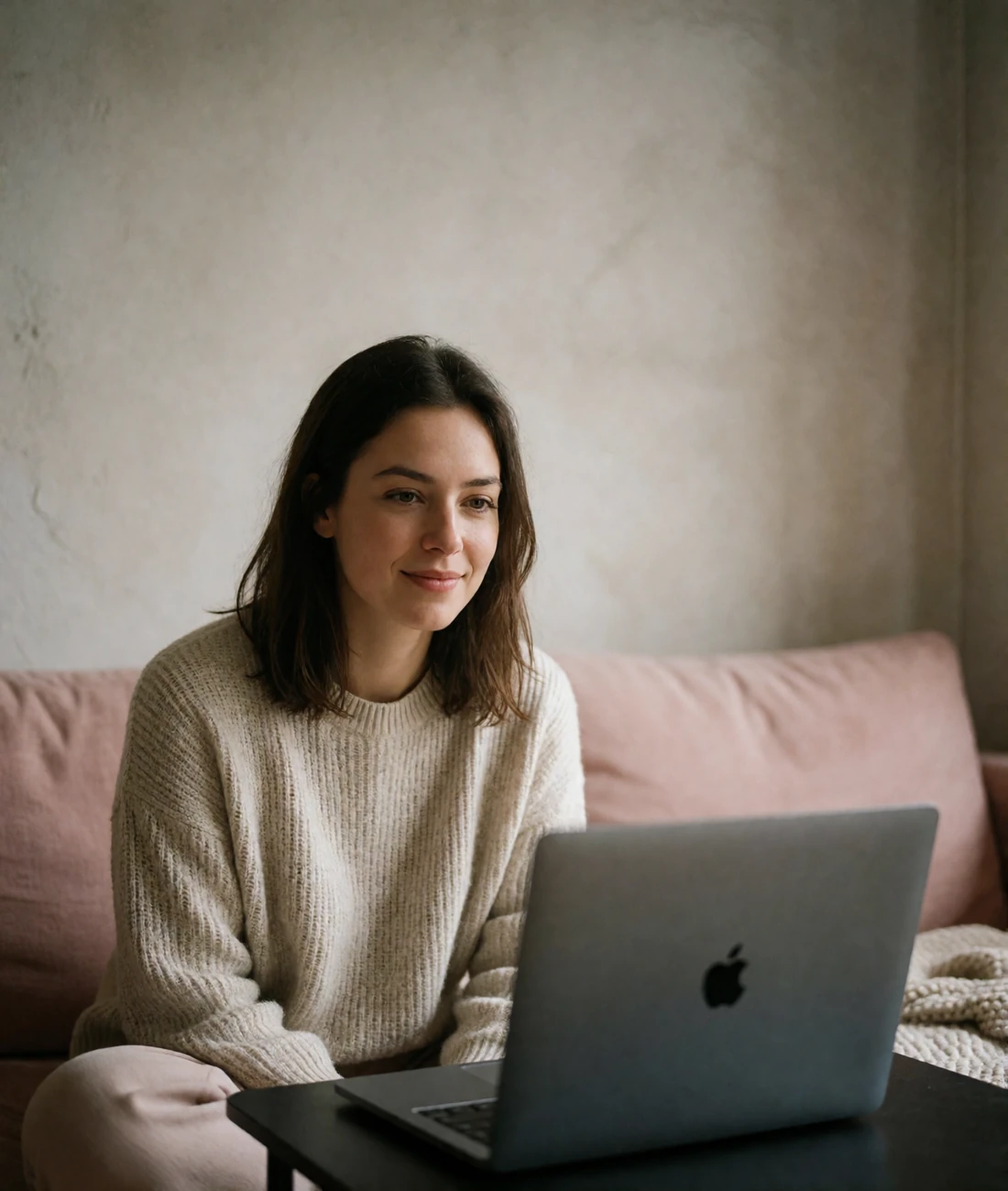 Woman in her early thirties listening attentively on a video call in a softly lit modern apartment