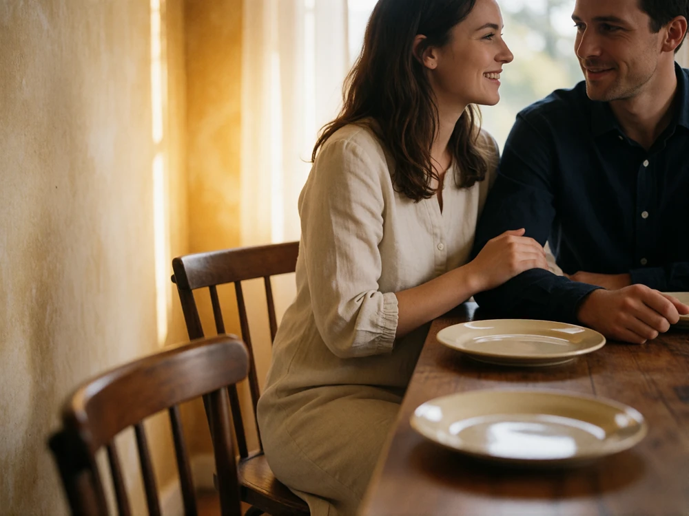 Couple seated close together at a long wooden family table, the woman resting her hand on his forearm