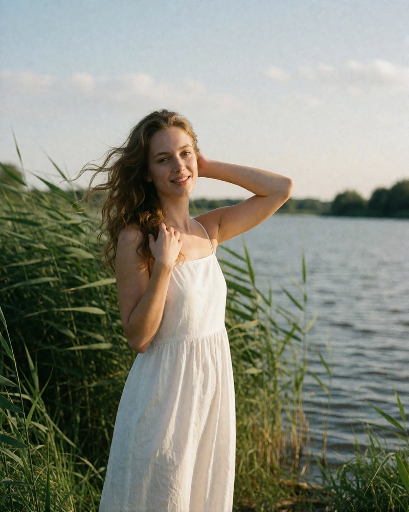 Belarusian woman in a white sundress standing on a grassy riverbank in late afternoon light