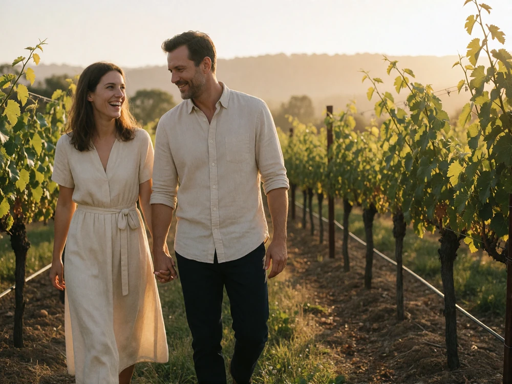 Couple walking hand in hand between sunlit vineyard rows at golden hour