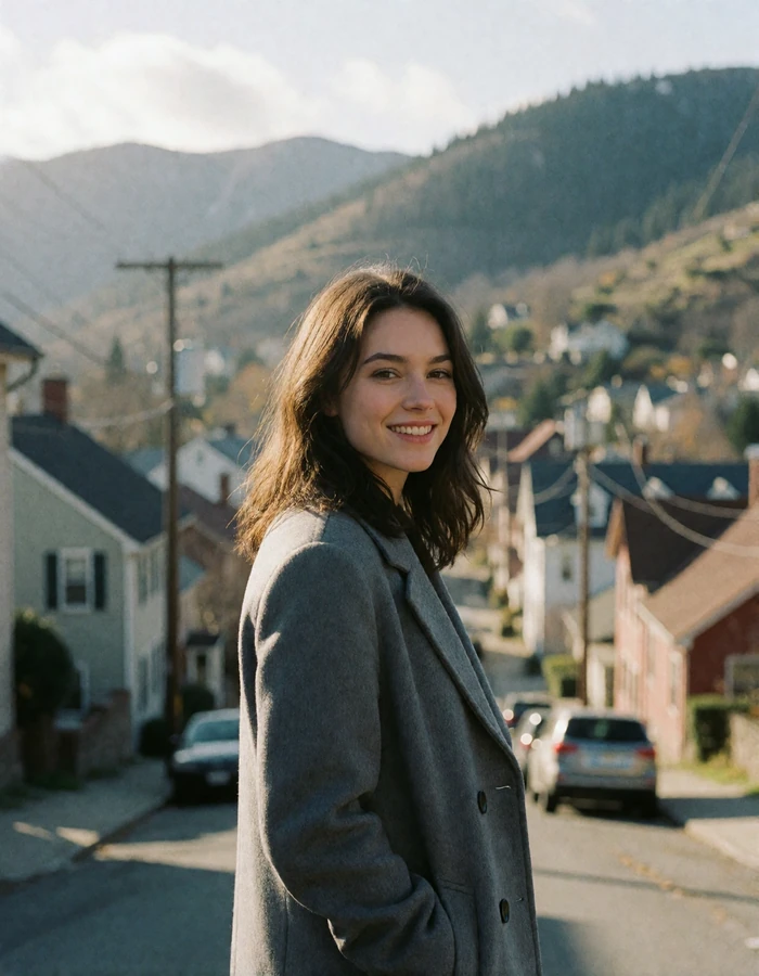 Brunette Bulgarian woman in a grey wool coat on a hillside street in a small mountain town