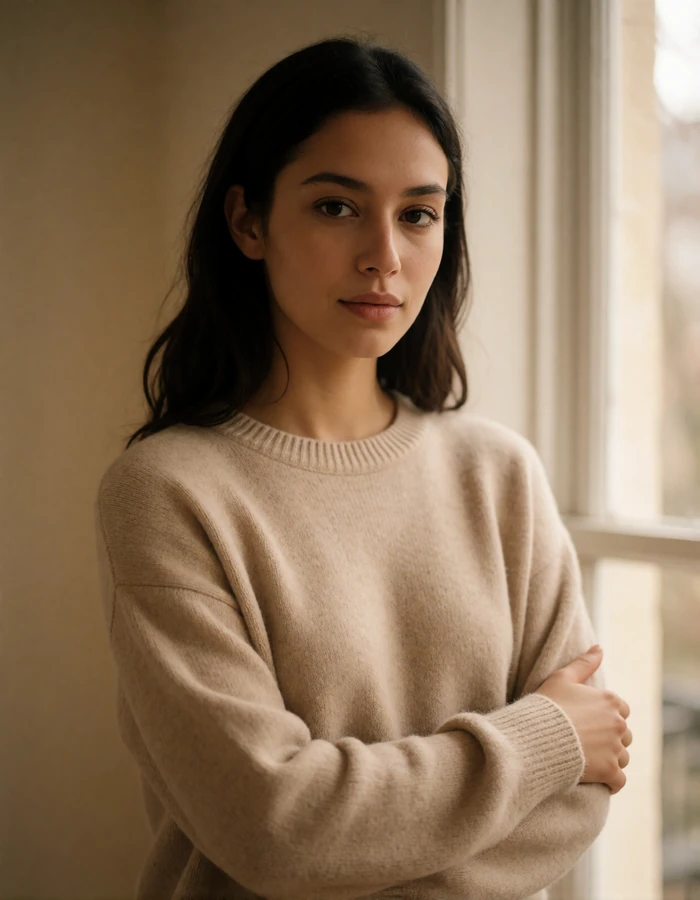 Dark-haired Bulgarian woman in a beige sweater standing near a window in a warm home interior
