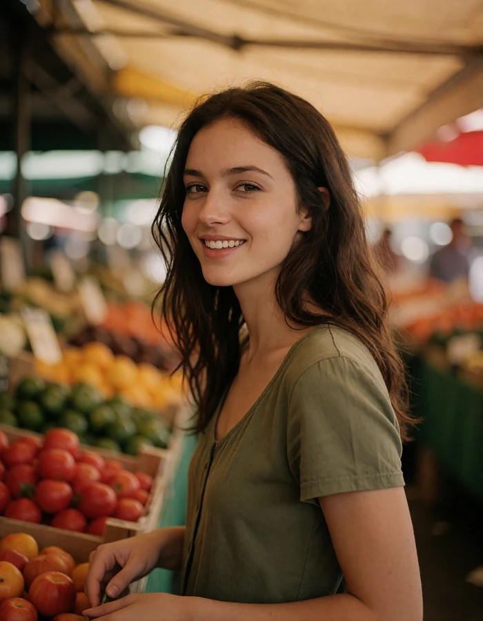 Brunette Romanian woman in an olive top browsing a covered market with a bright candid smile