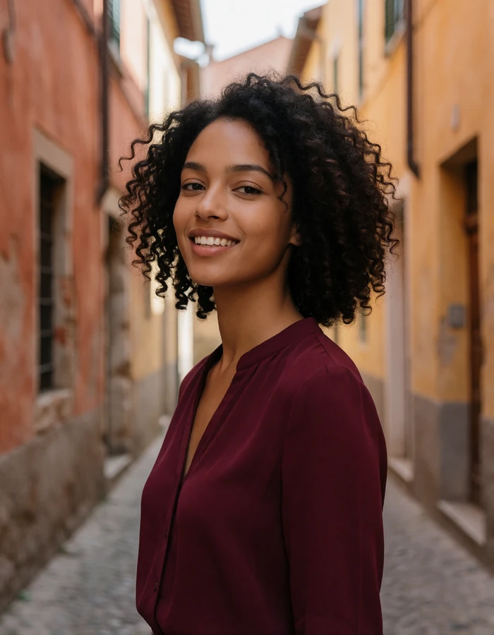 Dark-curly-haired Romanian woman in a burgundy blouse smiling warmly in a narrow old-town lane