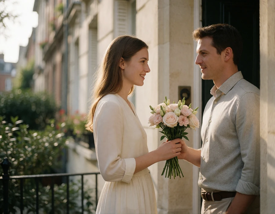 Man handing a small bouquet of pale flowers to a smiling woman at a townhouse doorway
