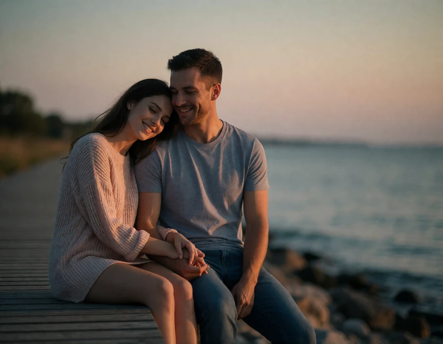 International couple walking hand in hand along a seaside boardwalk at dusk, smiling together