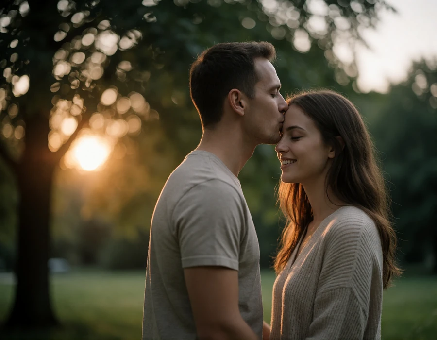 Affectionate international couple sharing a quiet embrace in an evening park with warm sunlight