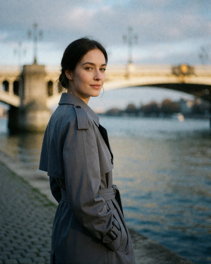 Graceful Czech woman in a grey trench coat glancing over her shoulder on a riverside promenade