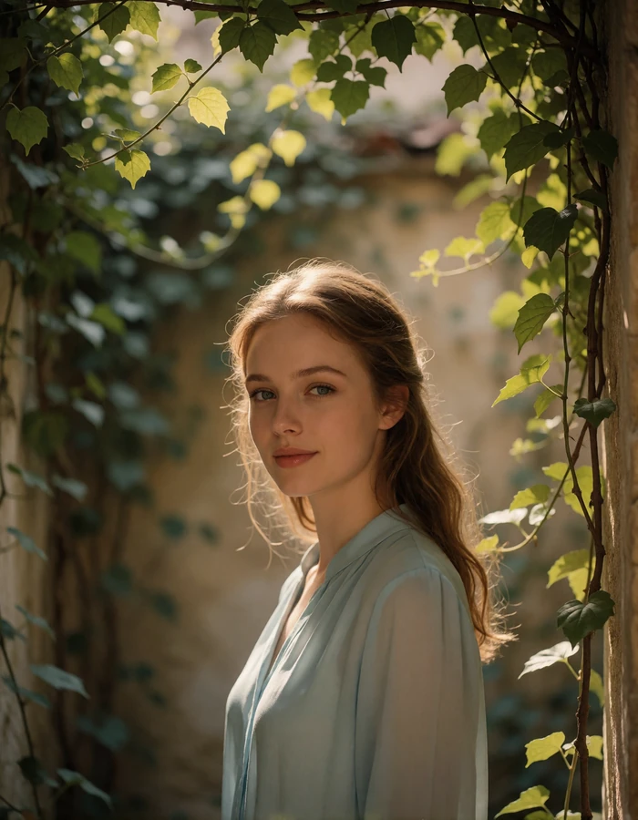 Light-brown-haired Bulgarian woman in a pale blue blouse standing in a shaded vine-covered courtyard