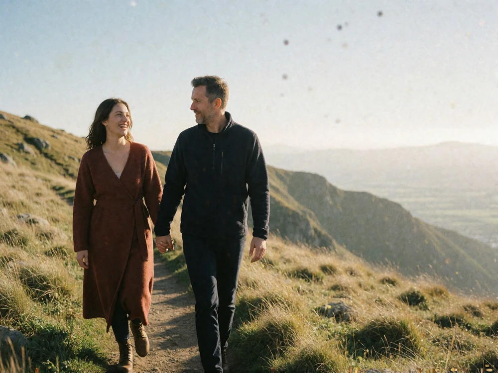 Couple walking hand in hand along a grassy mountain path near the Tatra ridgeline at sunset