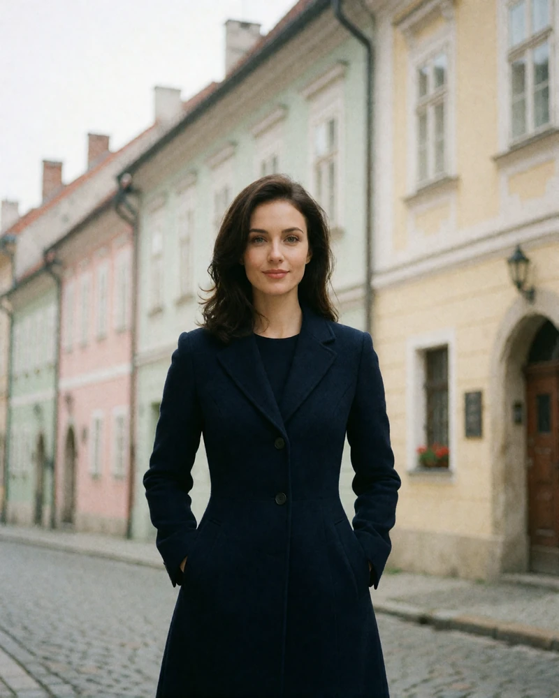 Elegant Slovak woman in a navy coat standing on a pastel-toned old-town street in Bratislava